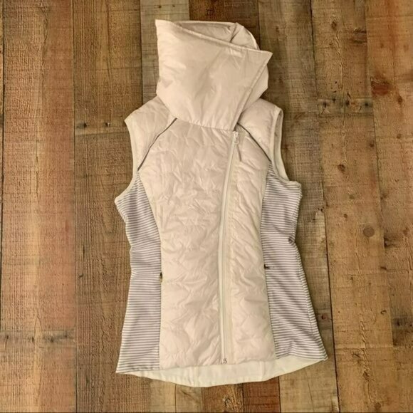 Mondetta womens small down feather puffer vest gray white striped oversized neck - Picture 11 of 13